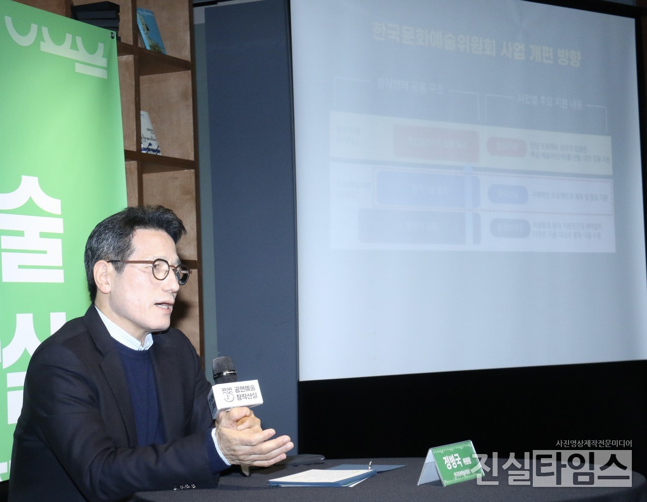 공연예술창작산실 사업 소개하는 정병국 한국문화예술위원회 위원장 (서울=진실타임스) 이윤영 기자 = 정병국 한국문화예술위원회 위원장이 11일 오후 2시 서울 종로구 동숭길 3 한국문화예술위원회 대학로 예술가의 집 2층 라운지에서 열린 "2023. 공연예술창작산실 : 올해의 신작 통합 기자간담회"에서 공연예술창작산실 사업 소개 하고 있다. 2023.12.11 insiltimesdesk@jinsiltimes.org